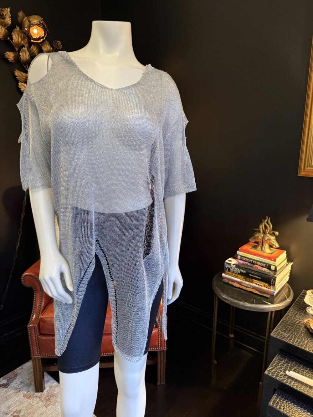 Loved J Sheer Distressed Metallic Knit Tunic Top Silver Y2K NWOT XL